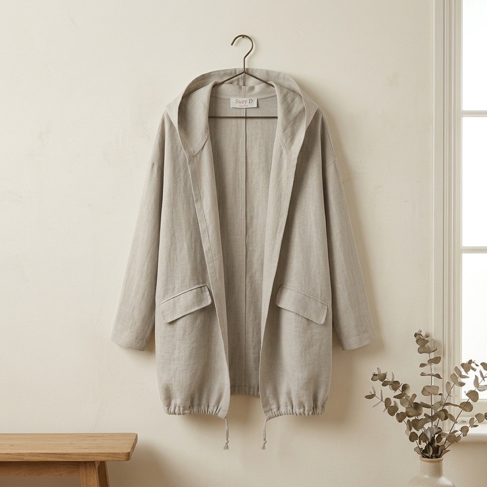 Suzy D London 100% Linen Hooded Duster Jacket Made in Italy Oatmeal M/L Like New